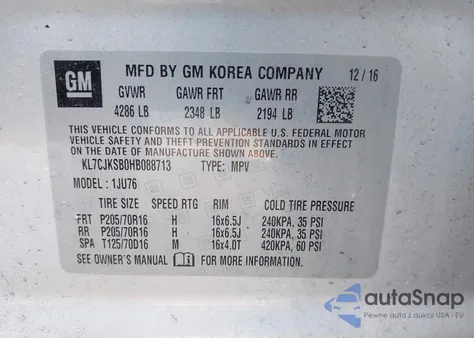 2017 Chevrolet Trax Ls из США, поврежденный, VIN KL7CJKSB0HB088713